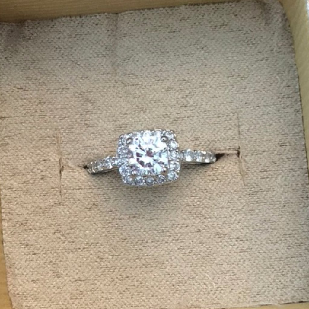 Cz Engagement Ring, Cushion Cut W/Halo, Sz 7